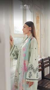 Ensemble 3 pièces Afrozeh Modern Party Anarkali Salwar Kameez Dupatta avec broderie Kari imprimée en coton infroissable - Product Image 5