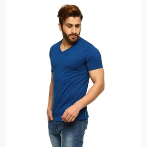 T-shirt pour homme à col rond, manches courtes, bleu uni, coupe ajustée, décontracté, 100% coton tricoté, longueur normale - Product Image 3