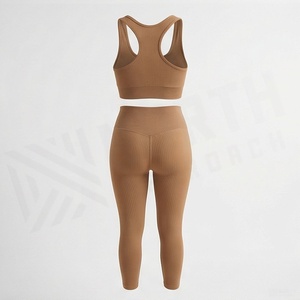 Conjunto de yoga acanalado de cintura alta para mujer: sujetador deportivo tipo racerback y leggings, conjunto de gimnasio de 2 piezas - Product Image 2
