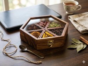 Handmade Wooden <b>Spice</b> <b>Box</b> | Hexagonal Ancient Neem Wood Masala Organizer | Artisan <b>Spice</b> Tray | Eco Friendly Kitchen Gift - Product Image 4