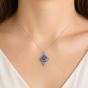 Collier pendentif vintage en argent sterling 925 avec saphir bleu ovale serti clos, plaqué or rose et or jaune, bijoux faits à la main pour - Product Image 2