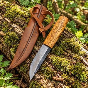 Couteau de survie artisanal avec manche en bois de croûte d'arbre, lame en acier au carbone, étui en cuir, couteau utilitaire pour le camping en plein air - Product Image 6