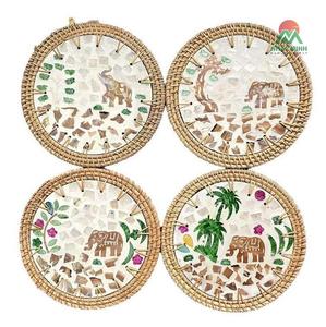 Hot Selling High Quality Elephant Design <b>Round</b> Shape 20cm Natural Rattan Seashell Colorful <b>Placemat</b> for Tableware - Product Image 1