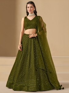 Traditional Georgette Lehenga Choli Resham <b>Sequins</b> Embroidered Evening Dress for Wedding Party Women - Product Image 3