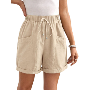 Women's High Waist Cotton Linen <b>Shorts</b> With Drawstring And Pockets Loose Fit Casual Style Solid Color Breathable <b>Woven</b> Fabric - Product Image 2