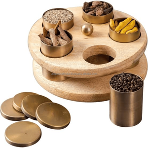 Elevated Base Acacia <b>Wood</b> Masala Stand with Metal <b>Boxes</b> | Organizer with Containers | Handcrafted for Modern Kitchens - Product Image 1