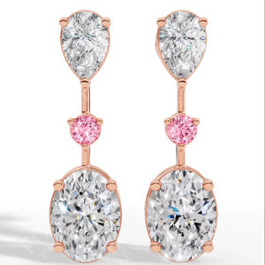 Pendientes de doble dije refinados con combinación de piedras de corte redondo y ovalado en rosa pera, oro de 14K, proveedor de joyería fina de lujo - Product Image 1