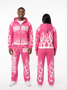 Ensemble de survêtement unisexe tendance avec sweat à capuche zippé imprimé flamme et pantalon évasé, style streetwear et sportswear - Product Image 6