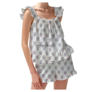 Women's Floral Pajama Set 2 Piece Loungewear Ruffle Hem Tank Top Vest Shorts <b>PJs</b> Set Ruffle Sleeve Cami Lounge Set Ruffle Trim - Product Image 2