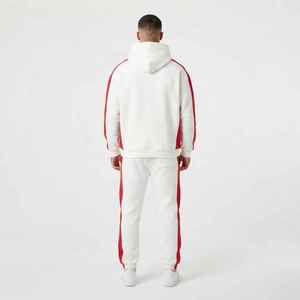 Men's <b>White</b> Red Color Block Hooded Winter <b>Tracksuit</b> Anti-Pilling Casual Loose Fit Full Length Drawstring Pocket Sweatshirt Pants - Product Image 3