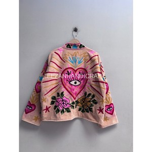 Women's Embroidered Fleece <b>Jacket</b> With Heart Eye <b>Pattern</b> Stand Collar Zipper Closure Autumn Wear - Product Image 5