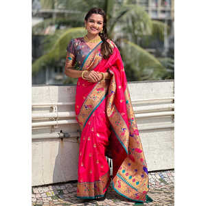 Sari en soie Paithani Elite Weaves rose Chandrakor Swan Yeola avec contraste Zari tissé, vêtements indiens et pakistanais - Product Image 1