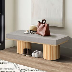 Panca/Poggiapiedi Contemporaneo in Tessuto Bouclé Grigio Chiaro con Gambe Robuste, Sgabello Imbottito Ottomana per Camera da Letto e Soggiorno - Colore Naturale - Product Image 2
