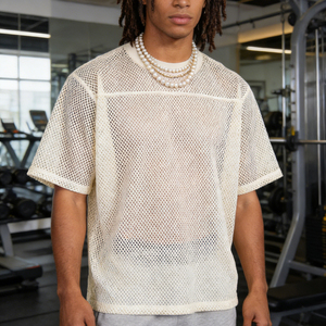 T-shirt en maille tricotée surdimensionné pour homme, manches courtes, col rond, respirant, couleur unie, 100% coton, blanc - Product Image 4