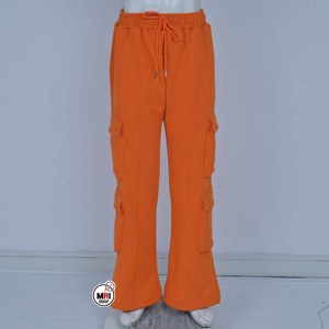 Premium Quality Mens Orange Fleece <b>Cargo</b> <b>Pants</b> <b>Elastic</b> <b>Waist</b> Drawstring Flare Leg Casual Autumn Wear Breathable Multiple Pockets - Product Image 1
