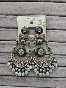 Lucentarts Jewel Green Meenakari Chandbali Jhumka <b>Earring</b> Pearl Beads <b>Dangle</b> <b>Earring</b> Traditional Indian Bridal Jewelry Wholesale - Product Image 5