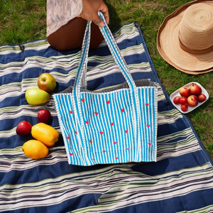 Nouveau sac fourre-tout matelassé bohème bleu uni pour femme, écologique, vintage, durable, pour le shopping et les voyages, ouvert - Product Image 1