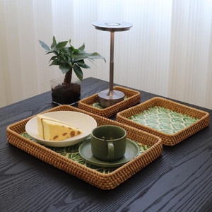 Bandeja de servir de ratán con incrustaciones de nácar, diseño de hoja tropical verde, para café, hotel, desayuno, muy vendida. - Product Image 1