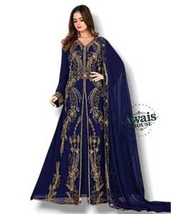 Awais House Women's Navy Blue Beaded Embroidery <b>Chiffon</b> Polyester Floor-Length Modest Dress V-Neck Long Sleeve <b>Jacket</b> Evening - Product Image 6