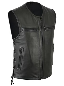Chaleco sin mangas de cuero negro para hombre con bolsillos con cremallera, cordones laterales, estilo motociclista, patchwork, para todas las estaciones, marca Guruna - Product Image 5