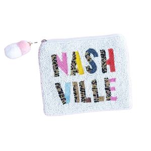 Porte-monnaie perlé fait main avec texte Nashville, pochette zippée, motif lettres colorées, grande sangle de poignet - Product Image 1