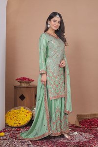 Pista Green Chinon Sharara Suit Sequence Embroidery v Neck <b>Top</b> Elastic Waist Bottom Dupatta Elegant <b>Party</b> Wear Women Quick Dry - Product Image 2