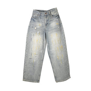 Jeans de Mezclilla de Cintura Media y Pierna Ancha con Lavado Decolorado, Ajuste Holgado, Algodón Transpirable, Ecológico, Ligero e Informal - Product Image 1