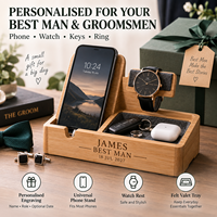 Organisateur de bureau personnalisé en bambou pour téléphone, montre et clés, avec nom sur mesure, coffret cadeau de mariage pour témoin ou garçons d'honneur, OEM