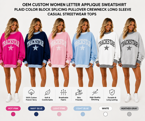 Sudadera Personalizada Azul Marino para Mujer, con Apliques a Cuadros, Cuello Alto Simulado, Oversize, de Algodón y Felpa, Estilo Casual Urbano - Product Image 5