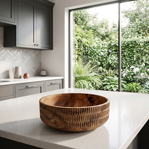 Cuenco de Madera de Teca Maciza de Grado Alimenticio, Tallado y Acanalado, para Ensaladas, Hecho a Mano, Utensilio de Cocina de Madera, Vajilla Premium Balinesa - Product Image 3