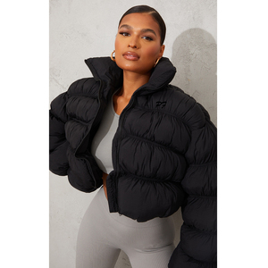 Women's Black Quilted Puffer Jacket Full Sleeve Stand Collar Zipper Closure <b>Thick</b> <b>Winter</b> <b>Coat</b> Solid Color Short Length - Product Image 4
