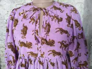 Animal Handblock Cotton Knee Length Dress O Neck <b>Three</b> Quarter Puff Sleeves Loose Fit Women's Daily Wear Embroidery Pocket - Product Image 6