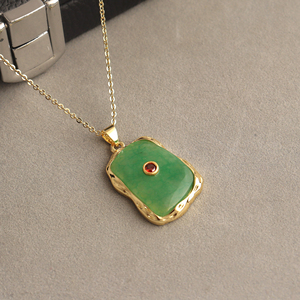 Modern <b>statement</b> jewelry green jade with tiny red cz pendant <b>necklace</b> texture metal collet frame 18k gold plated chain <b>necklace</b> - Product Image 3