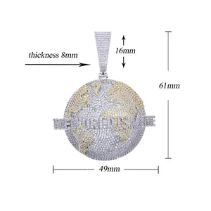 Colgante de mapa del mundo de latón bicolor con circonita redonda engastada en garra, cadena de eslabones, unisex, joyería de moda hip hop para fiestas, regalo para amantes del mundo. - Product Image 6