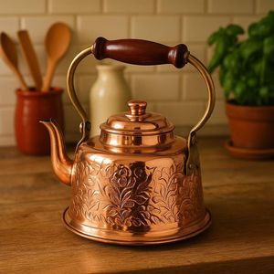 Handcrafted Copper Water <b>Kettle</b> with Floral Wooden Grip <b>Vintage</b> Design Teapot for Kitchen and Hotel Use - Product Image 3