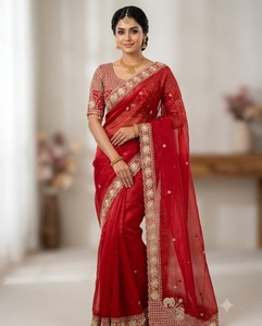 Indian Traditional Ethnic Satin Silk Saree with Embroidery <b>Sequins</b> Work for Wedding Occasion and Festive Function for Women Wear - Product Image 1