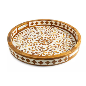 Bandeja Redonda de Lujo con Incrustaciones de Madreperla, Verde Oliva, con Diseño Floral, para Mesa de Centro, Decoración del Hogar - Product Image 5