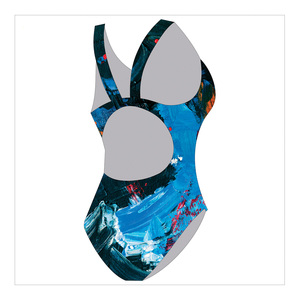 Traje de baño de una pieza para mujer, cuello halter, estampado asimétrico, spandex, poliéster, traje de baño elástico, patrón azul, naranja y rojo - Product Image 4