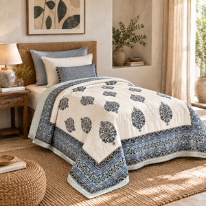 Couette en coton indien de Jaipur faite à la main, réversible, pour lit simple, style bohème, imprimé à la main, écologique, hypoallergénique - Product Image 5