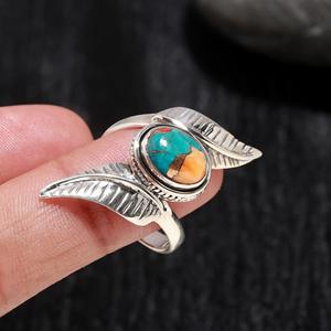 Bague de fiançailles artisanale en argent sterling 925 de style bohème pour femme, magnifique pierre précieuse turquoise coquille Saint-Jacques en cuivre, taille ovale - Product Image 1