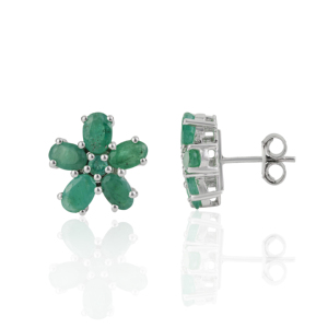 Best Quality Natural <b>Emerald</b> Gemstone Floral Design 925 Sterling Silver Fine Handmade <b>Stud</b> Earrings For Women Everyday Wear - Product Image 3