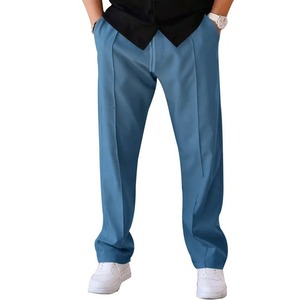 Men's Beige Pleated Casual <b>Trousers</b> <b>Elastic</b> <b>Waist</b> Cotton Oxford Fabric Spring Wear Breathable Midweight Straight Fit Pants - Product Image 2
