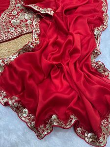Indian Boutique Heavy Soft Rangoli Silk Heavy Embroidery Sequence Work <b>Red</b> <b>Saree</b> Women Traditional Wear Wedding Party - Product Image 3