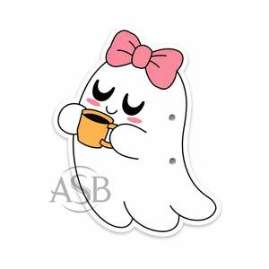 Paleta de Pestañas Personalizada de Halloween con Diseño de Fantasma Lindo Bebiendo Café y Lazo Rosa, Instrumento de Belleza - Product Image 1