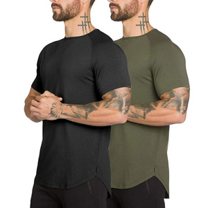 เสื้อยืดแขนสั้นทรงเข้ารูปสำหรับผู้ชาย สีพื้น คอโอ ผ้าถัก สไตล์ลำลอง สีดำและสีเขียวมะกอก แบบยาว - Product Image 1