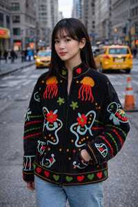 Chaqueta Boho Floral Bordada a Mano de Terciopelo Negro Unique Love para Mujer, Abrigo con Temática de Vida Marina Colorida, Regalo Festivo - Product Image 2