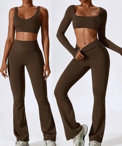 Brown 4 Piece Yoga Set <b>Crop</b> Top Mid Waist Full Length <b>Leggings</b> Seamless Four Way Stretch Spandex/Nylon Plus Size Front - Product Image 1