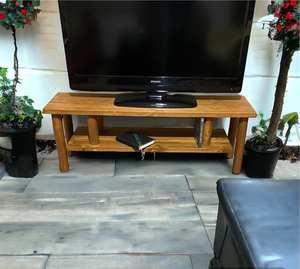 Meuble TV rustique en bois massif, console de télévision en bois avec grande étagère de rangement, centre de divertissement pour salon - Product Image 2