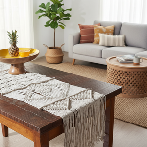 14 X 78 inches White Macrame Cotton Handmade <b>Table</b> <b>Runners</b> Boho Style Modern Knotted Design <b>Runner</b> for Home Decore - Product Image 5