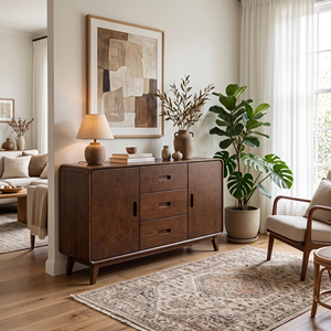 Midcentury Modern Natural <b>Oak</b> Living Room Cabinet 3 Drawer 2 Flat Panel Door <b>Shelf</b>-Free Storage Sideboard Console Furniture - Product Image 6